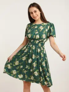 Zink London Green Printed Floral Flared Dress