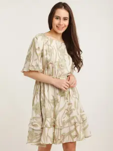 Zink London Off White Printed Floral Layered A-Line Dress