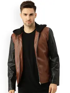 Leather Retail Men Brown Colourblocked Crop Outdoor Biker Jacket