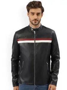 Leather Retail Men Black Striped Outdoor Biker Jacket