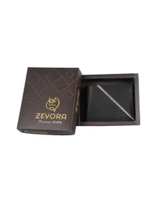 ZEVORA Men Black & White Woven Design Leather Two Fold Wallet