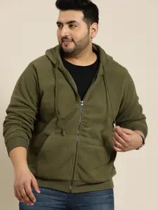 Sztori Men  Plus Size Olive Green Fleece Hooded Sweatshirt