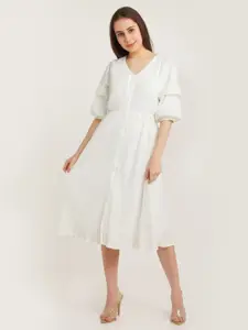 Zink London White A-Line Solid Puff Sleeve Midi Dress