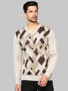 Raymond Men Beige & Brown Printed Pullover