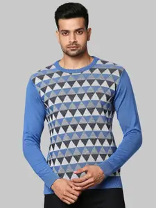 Raymond Men Turquoise Blue & White Printed Pullover Sweater