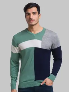 Parx Men Green & White Colourblocked Pullover