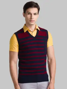 Parx Men Blue & Maroon Striped Sweater Vest