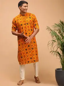 VASTRAMAY VASTRAMAY Men Yellow Floral Angrakha Top with Trousers