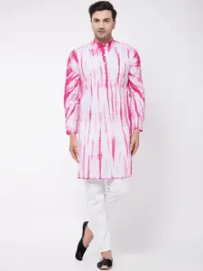VASTRAMAY Men Pink Striped Pleated Pure Cotton Kurti with Pyjamas & With Dupatta