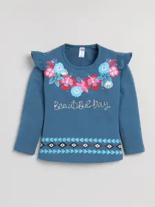 Nottie Planet Girls Navy Blue Floral Printed Round-Neck T-shirt
