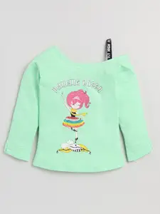 Nottie Planet Girls Green Pure Cotton Graphic Printed T-shirt