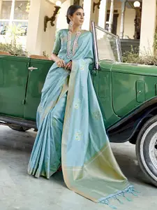 Mitera Turquoise Blue & Gold-Toned Woven Design Zari Silk Blend Saree