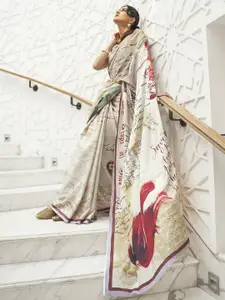 Mitera Cream-Coloured & Red Saree