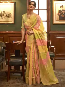 Mitera Green & Pink Ethnic Motifs Zari Organza Banarasi Saree