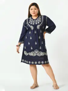 SAAKAA Plus Size Navy Blue Ethnic Motifs Embroidered A-Line Dress