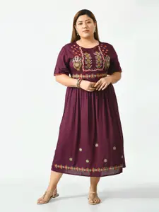 SAAKAA Plus Size Brown Ethnic Motifs Embroidered A-Line Midi Dress