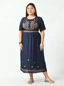 SAAKAA Plus Size Blue Floral Embroidered Empire Midi Dress