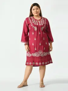 SAAKAA Plus Size Red Ethnic Motifs A-Line Dress