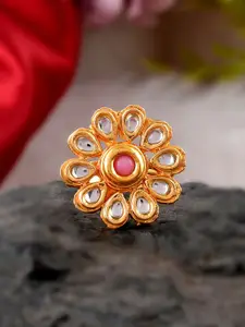 DASTOOR Gold-Plated White & Pink Kundan-Studded Adjustable Finger Ring