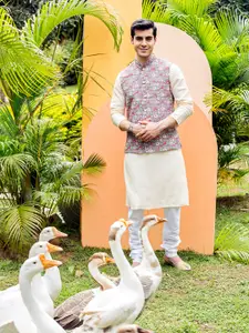 Sanwara Men Grey Floral Layered Kurta & Churidar Set With Nehru Jacket