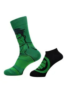 Balenzia x Marvel Men Pack Of 2 Green & Black Hulk Printed Ankle & Calf Length Socks