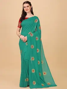 Indian Fashionista Green & Red Ethnic Motifs Embroidered Organza  Mysore Silk Saree
