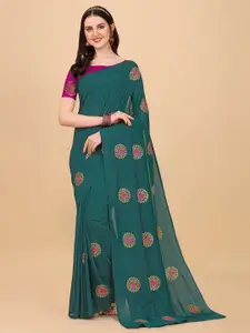 Indian Fashionista Olive Green & Gold-Toned Floral Embroidered Organza  Mysore Silk Saree