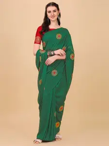 Indian Fashionista Sea Green & Gold-Toned Floral Embroidered Organza Mysore Silk Saree