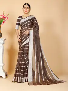 Indian Fashionista Brown & Silver-Toned Striped Zari Khadi Saree