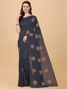 Indian Fashionista Black And Gold-Toned Floral Embroidered Organza Mysore Silk Saree