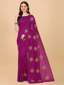 Indian Fashionista Purple And Green Floral Embroidered Organza Mysore Silk Saree