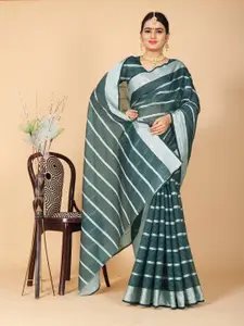 Indian Fashionista Turquoise Blue Striped Zari Border Khadi Saree