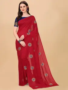 Indian Fashionista Red And Blue Floral Embroidered Organza Mysore Silk Saree