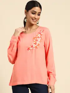 Sangria Peach-Coloured Embroidered Top