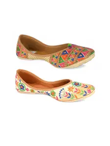 DESI COLOUR Women Pack Of 2 Printed Ethnic Mojaris with Embroidered Flats