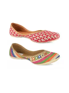 DESI COLOUR Pack Of 2 Women Embellished Ethnic Mojaris Flats