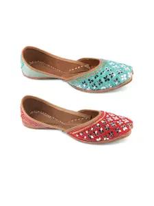DESI COLOUR Pack Of 2 Women Embellished Ethnic Mojaris with Embroidered Flats