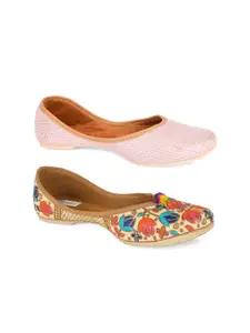 DESI COLOUR Pack Of 2 Women Textured Ethnic Mojaris Flats