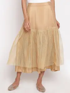W Women Golden Solid Midi-Length Flared Skirt