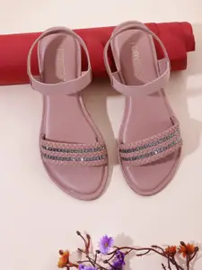 FORVELA Women Peach-Coloured Embellished Open Toe Flats