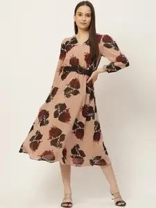 Slenor Peach & Maroon Floral Georgette Midi Dress
