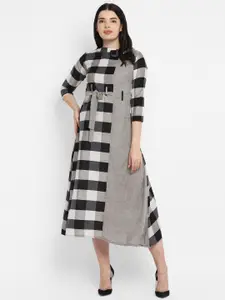 VAABA Black & White Checked A-Line Midi Dress