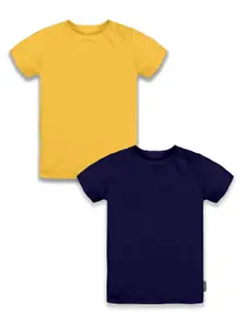 KiddoPanti Boys Pack of 2 Mustard Yellow & Navy Blue Pure Cotton T-shirt