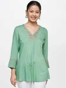 Global Desi Women Green Embroidered Casual Top