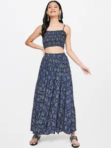 Global Desi Women Blue Printed Top with Skirt Co-ord Set