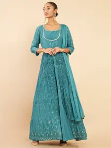 Soch Women Turquoise Blue Embroidered Sequinned Gown & With Dupatta
