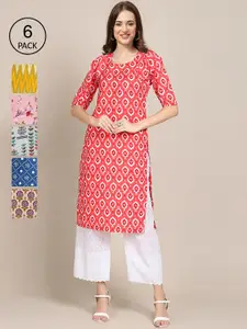 7Threads Women Pack of 6 Digital Printed Crepe Kurtas