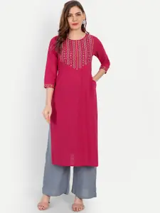 SUTI Women Pink & Yellow Cotton Yoke Design Thread Work Kurta