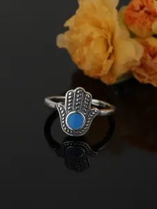 VANBELLE Silver-Plated Blue Kundan Studded Adjustable Finger Ring