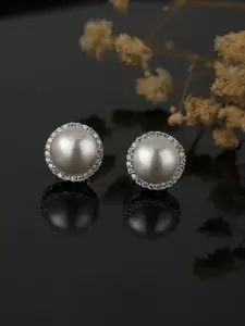 VANBELLE Silver Toned 925 Sterling Silver Rhodium Plated Pearl Circular Studs Earrings